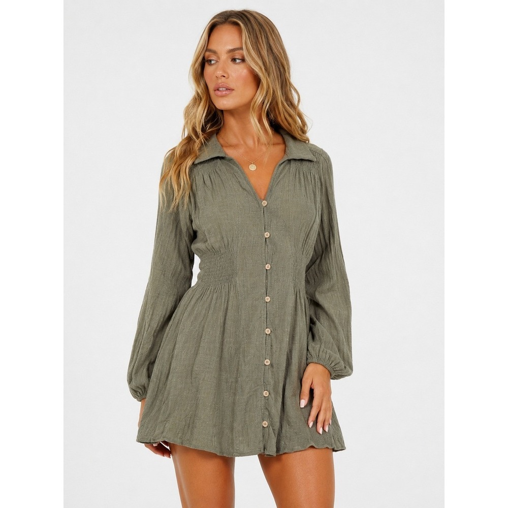 Lulus Best Harvest Gray Green Linen Blend Smocked Button Up Mini Dress S NWOT